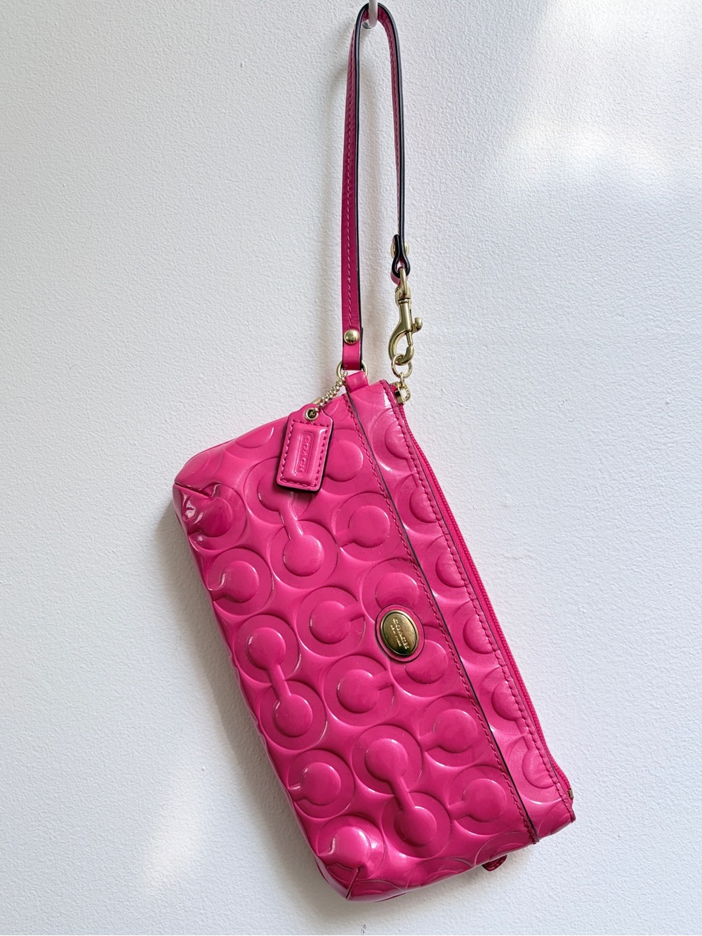Y2K COACH Hot Pink Patent Leather Signature Monogram Wristlet w/ Gold Hardware